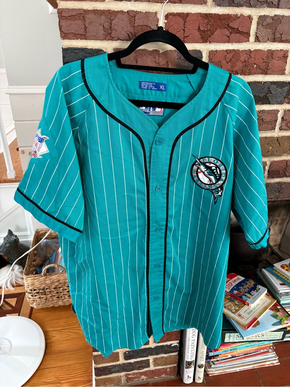 Vintage 90s MLB Florida Marlins Starter Pinstripe Teal Full Button Jersey Sz XL
